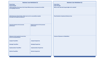 A business case worksheet for creating a case for a business process change project