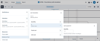 setting the quantity for the Delivery driver resource in the pizza delivery process