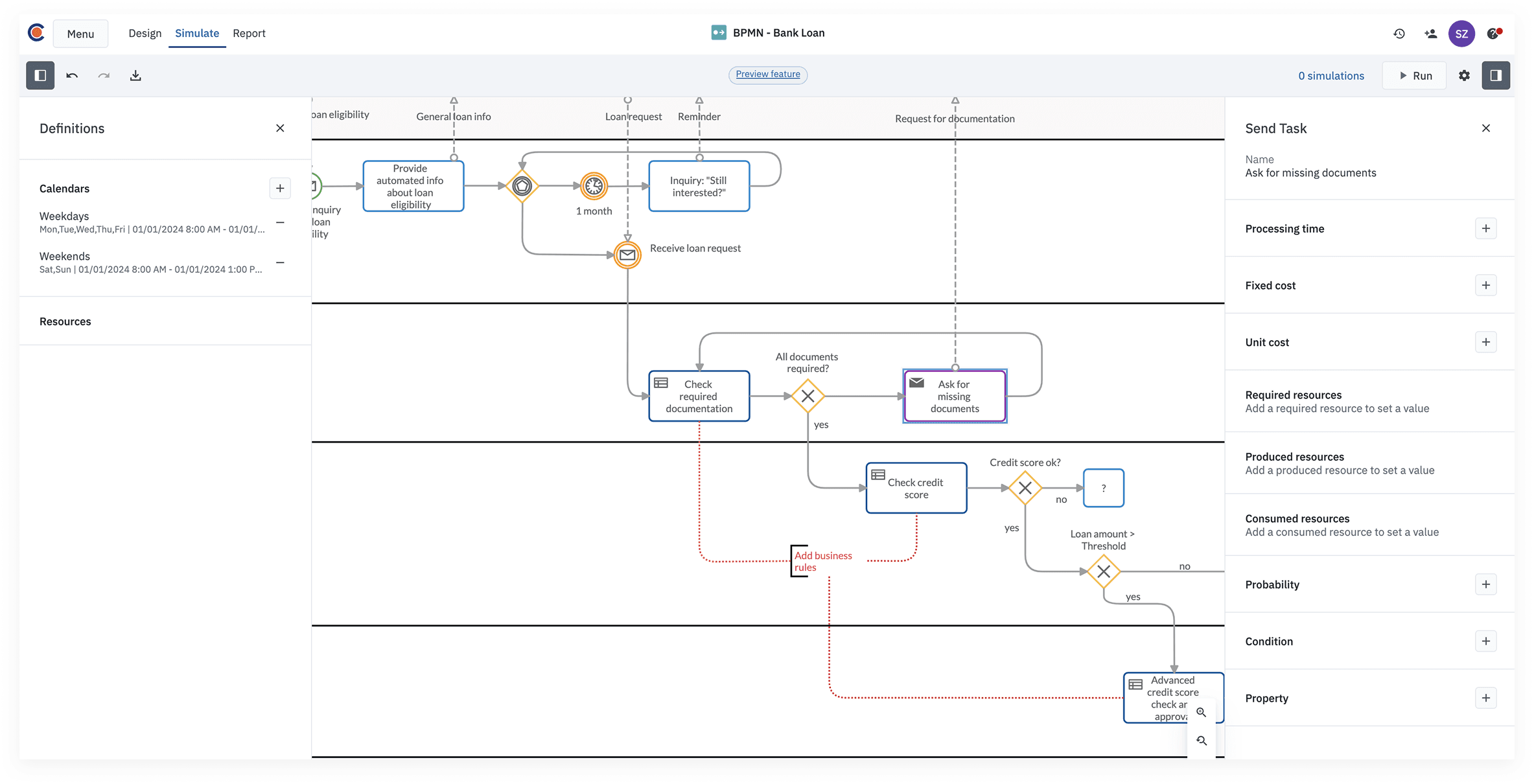 Screenshot of Cardanit’s process improvement software showing a BPMN loan process with simulation settings, calendars, resources, and task parameters.