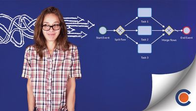 a woman standing in front of an image of a business process model