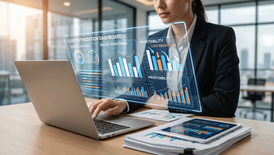 Business analysts at a desk with a laptop, reviewing charts and a cost optimization dashboard, studying the impact of AI on BPMN processes.