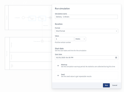 the dialog box for finalizing the Run simulation settings