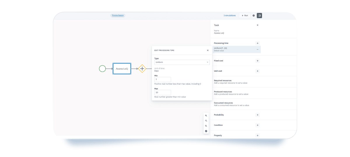 Task processing-time settings for the simulated MAA workflow in Cardanit