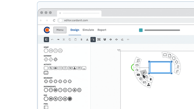 Screenshot of Cardanit’s process modeling interface showing BPMN elements on the left and a selected task with the circular context menu on the canvas.