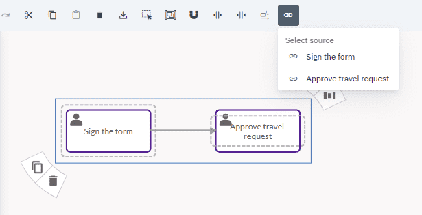 Shows a two user tasks selected and the Data flow tool selected in the toolbar.
