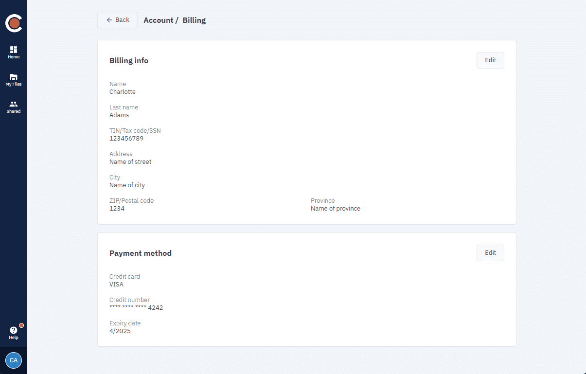 Billing and payments page