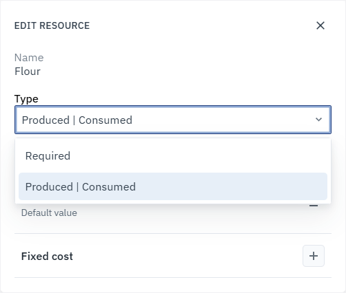 Edit resources dialog box with Type section showing options to select Required or Produced|Consumed resource type.