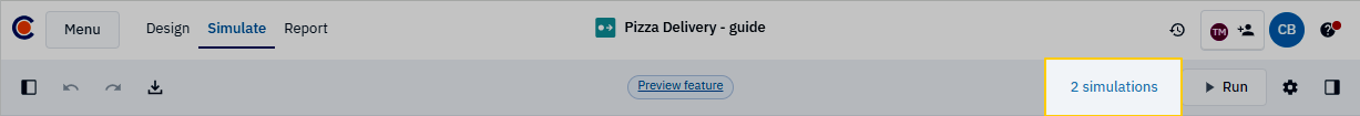 Toolbar with “2 simulations” link highlighted.