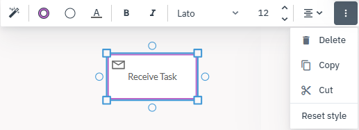 Receive Task selected with an open action toolbar and four connection points on each side of the task. 