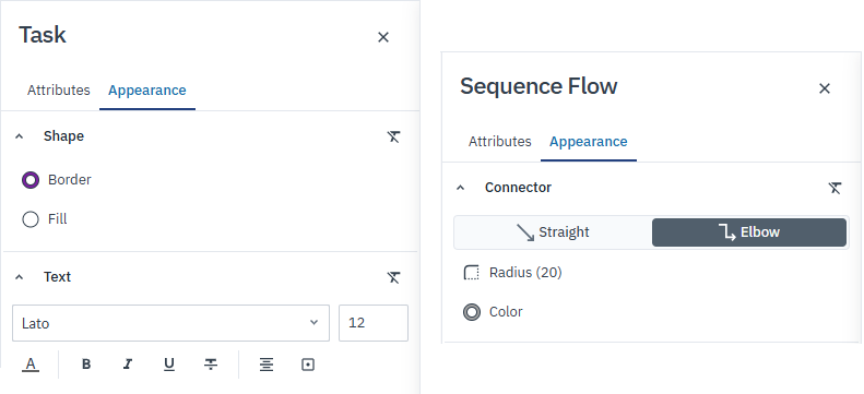 The Attributes panel with the Appearance tab active, showing styling options.