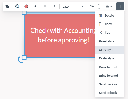 Action menu with Copy style selected for a whiteboard shape.