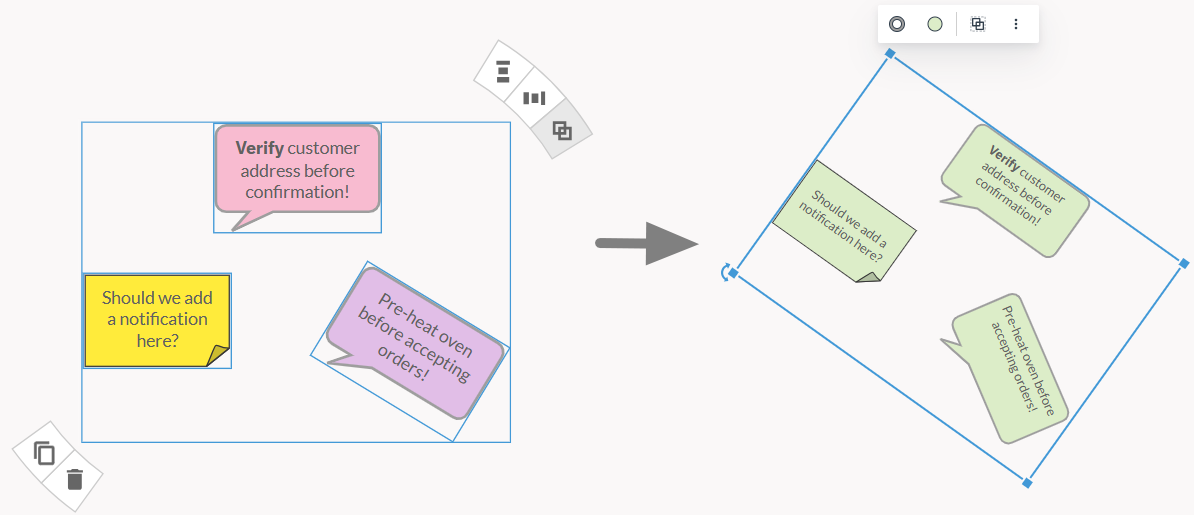 A before-and-after showing multiple selected whiteboard shapes (left) transformed into a unified, rotated group with a single style (right).