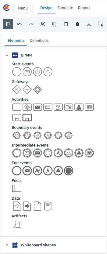 Elements tab with the BPMN section expanded and the Whiteboard shapes section collapsed.
