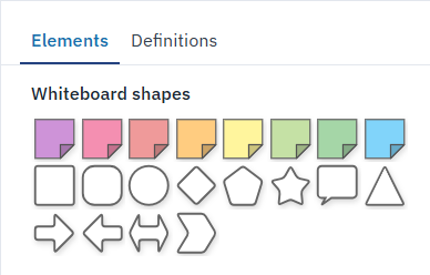 Elements tab showing whiteboard shapes with pre-colored sticky notes and new shapes.