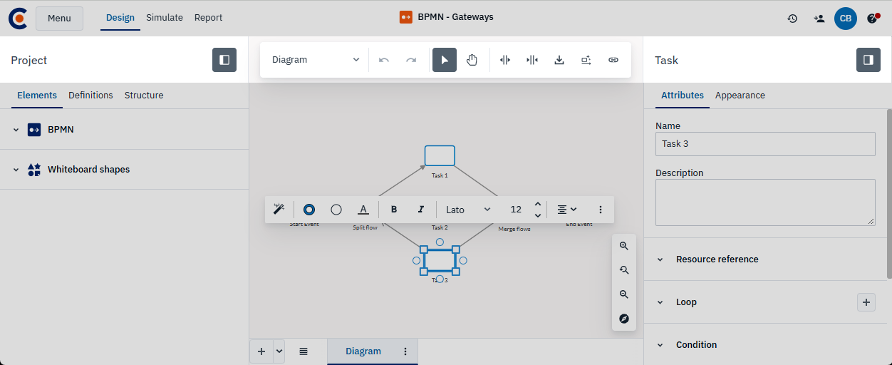 Cardanit Design page highlighting the main toolbar at the top of the diagram and the toggles in the Project and Attributes panel headers.