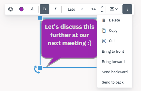 A purple callout shape with the note &ldquo;Let&rsquo;s dscuss this further at our next meeting&rdquo; showing the action toolbar and more menu options.