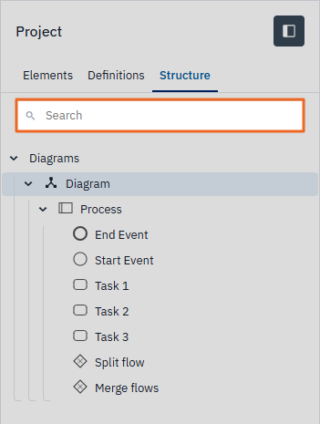 Search bar highlighted at the top of the Structure tab in the Project panel.
