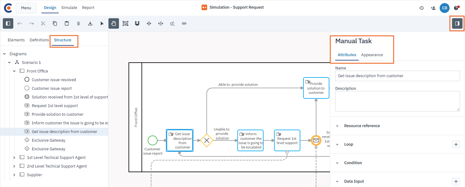 Cardanit Design interface highlighting the new Structure tab in the left panel and the Attributes panel on the right.