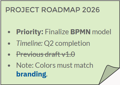 A green sticky note showing text in bold, italic, different colors and some text that has been strikedthrough.