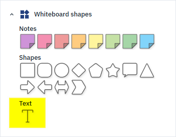 The Elements tab showing all whiteboard shapes with an arrow pointing to the text shape icon.