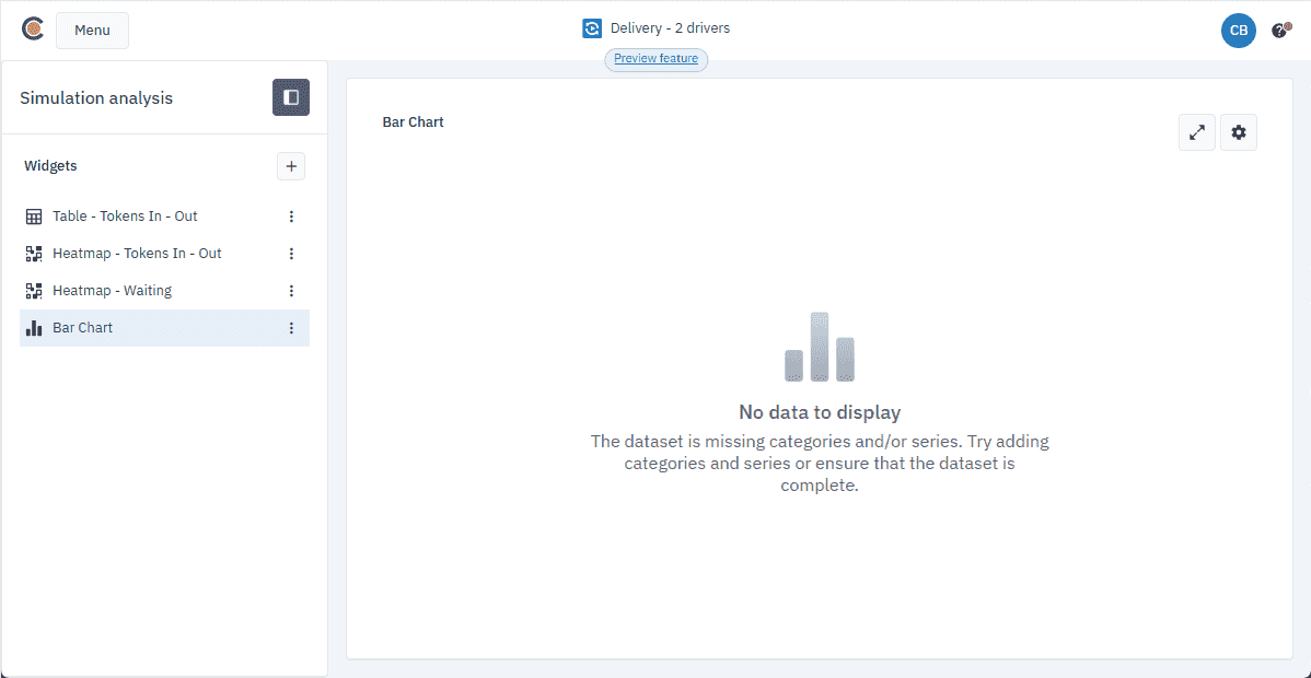 Simulation analysis panel with bar chart listed and chart area empty because it isn’t configured.
