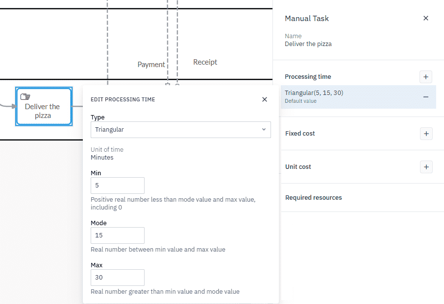 Parameters panel with the default value selected and distribution configuration dialog box open reflecting the correct values.