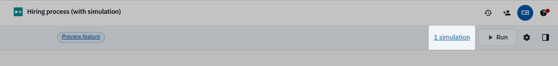 Close-up of the toolbar highlighting the 1 simulation linked text.