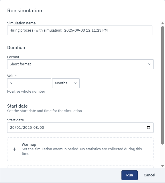 The Run simulation dialog box with the values listed in the table above.