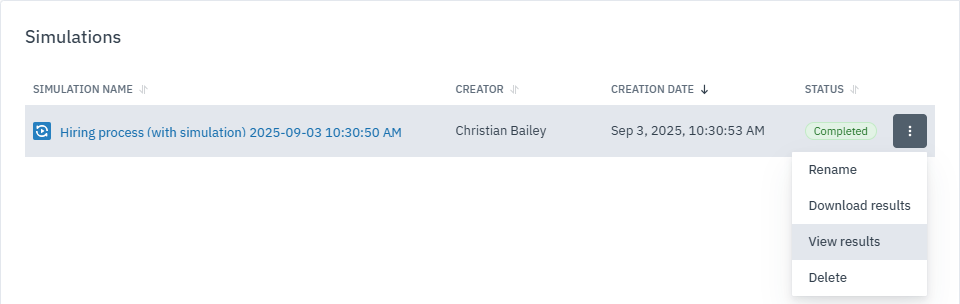 Shows the list of simulations, with the context menu open and View results option selected.