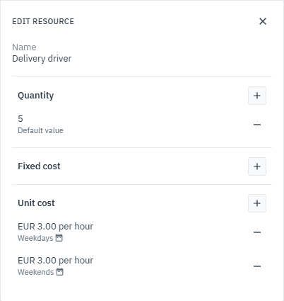 Quantity dialog box showing 5 delivery driver resources.