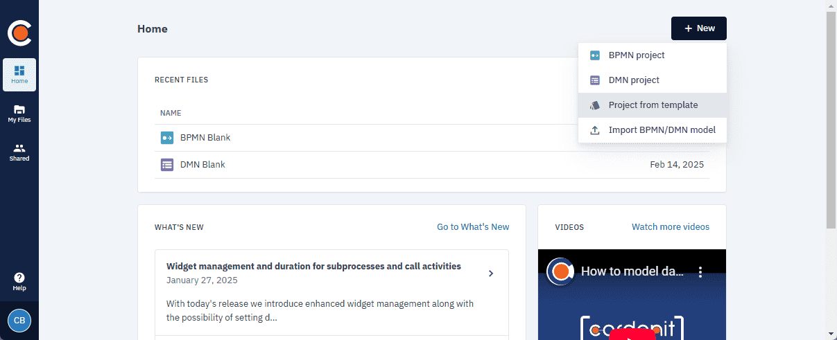 Home page with New button selected showing the list of options with “Project from template” selected.