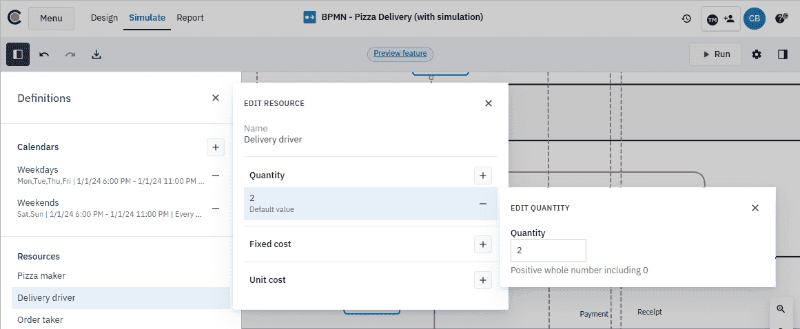 The Definitions panel with the resource quantity dialog box showing the correct values.