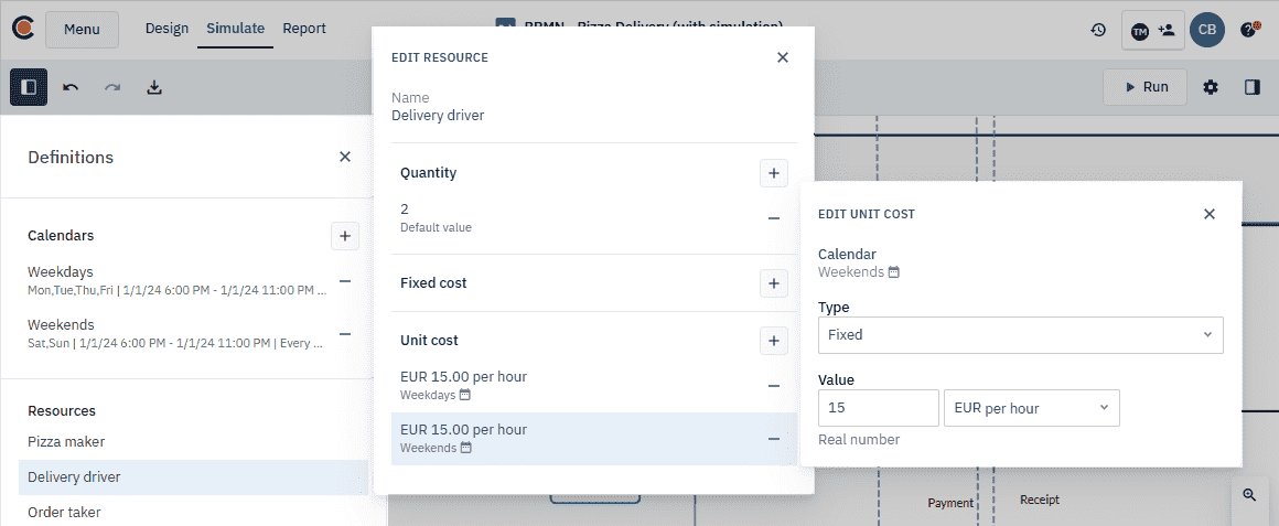 The Definitions panel with the unit cost dialog box for pizza maker showing the correct values.