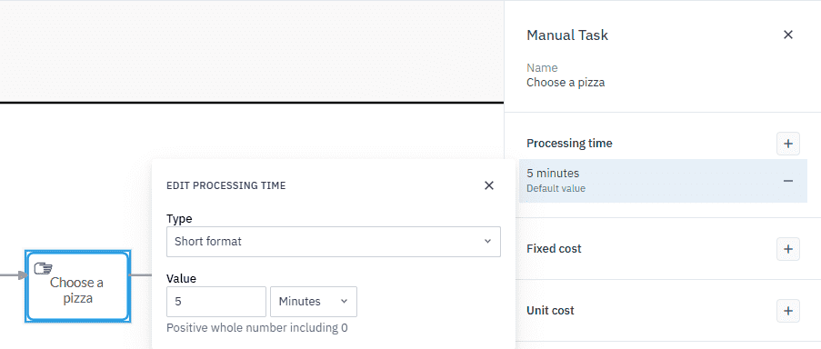 Parameters panel with the default value selected and processing time configuration dialog box open reflecting the correct values.