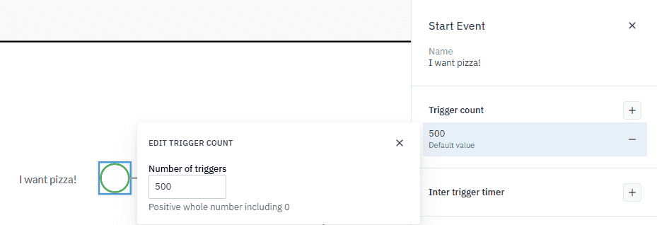 Parameters panel with the default value selected and trigger count configuration dialog box open reflecting the correct value.