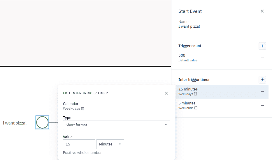 Parameters panel with the default value selected and inter trigger timer configuration dialog box open reflecting the correct values.