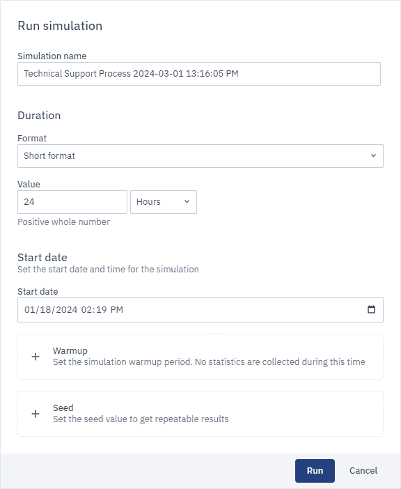 A dialog box that opens after clicking the button to run simulations.