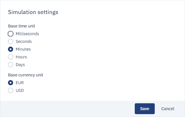The simulation settings panel allowing to define the base time and cost units