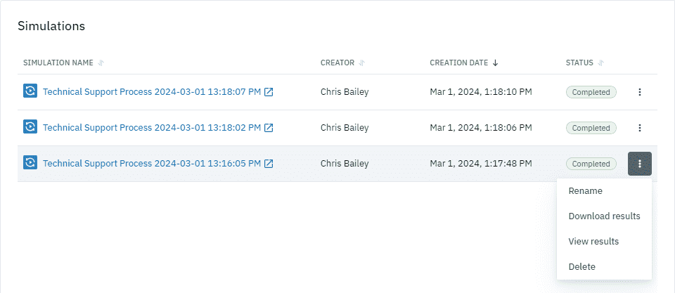 List of all ran simulations, with creator, creation date and status details